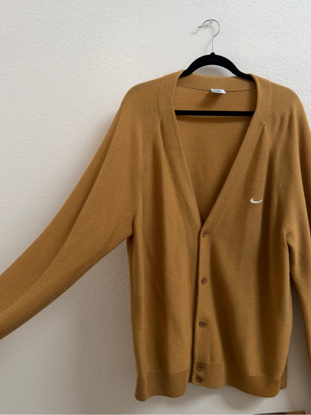 Nike Men's Mustard Cardigan Sweater with White Swoosh